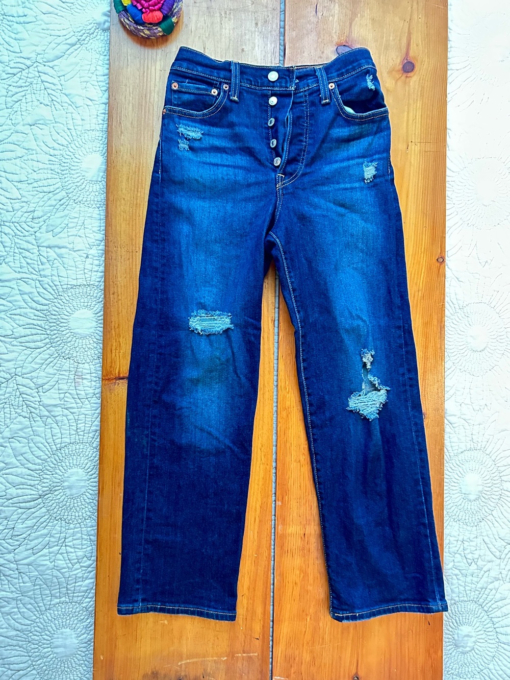 Levi's Women's Dark Blue Distressed Straight-Leg Jeans